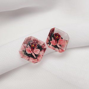 Vintage Clear Resin Diamond Shape Floral Pink Red Flowers Screwback Earrings